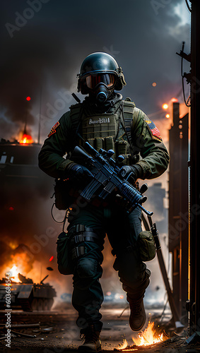 Soldier in war zone, with explosions and burning buildings.