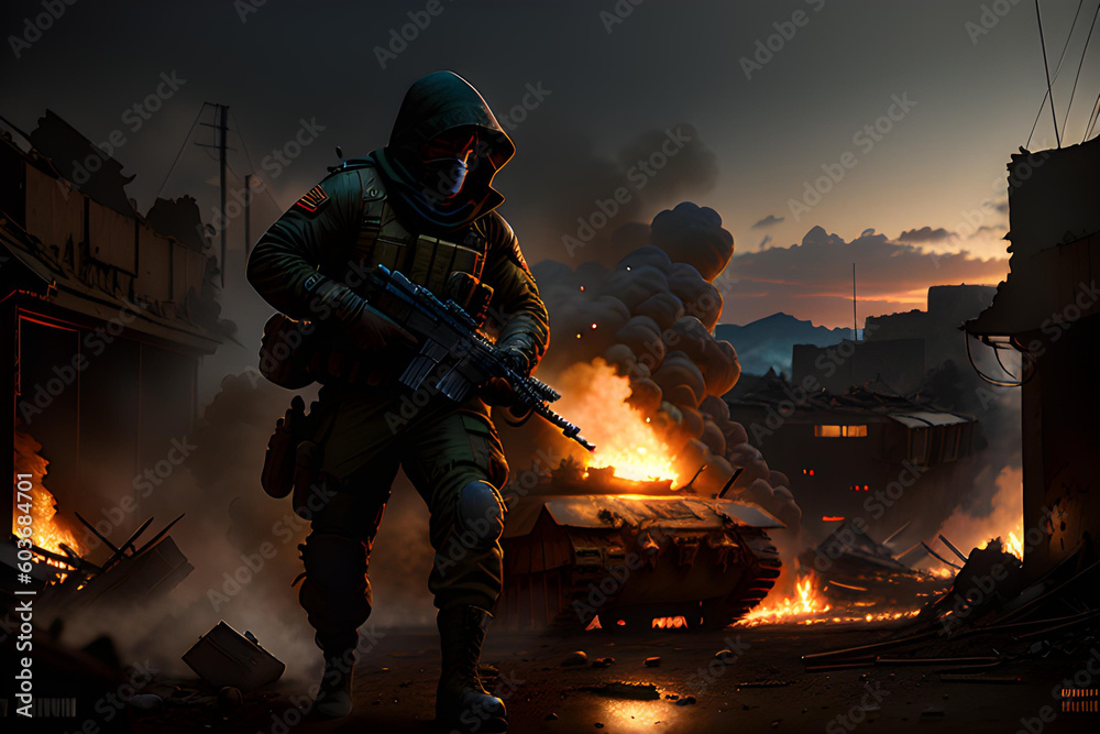 Soldier in war zone, with explosions and burning buildings. Soldier in war zone, with explosions and burning buildings.