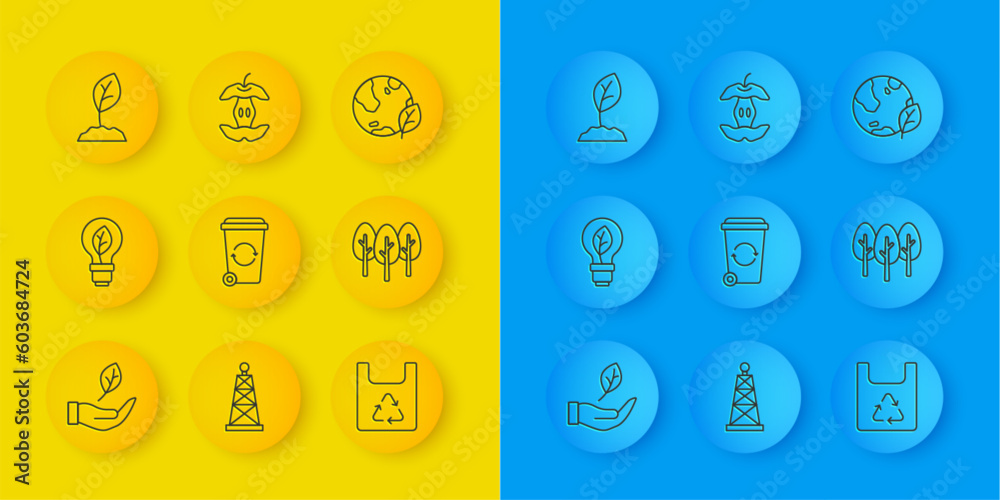 Set line Leaf in hand, Light bulb with leaf, Recycle bin, Shopping bag recycle, Tree, Sprout, Earth globe and Apple core icon. Vector Set line Leaf in hand, Light bulb with leaf, Recycle bin, Shopping bag recycle, Tree, Sprout, Earth globe and Apple core icon. Vector