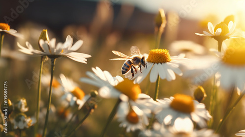 Soft focus shot of bee in sunset light flying over white daisies with shallow depth of field creating a soft landscape atmosphere.