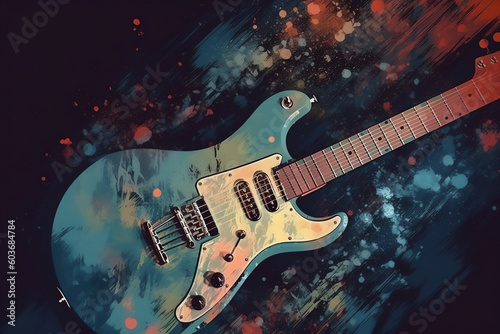 Abstract background illustration of a electric guitar with grunge noise and colorful texture. Music industry theme. Generative AI