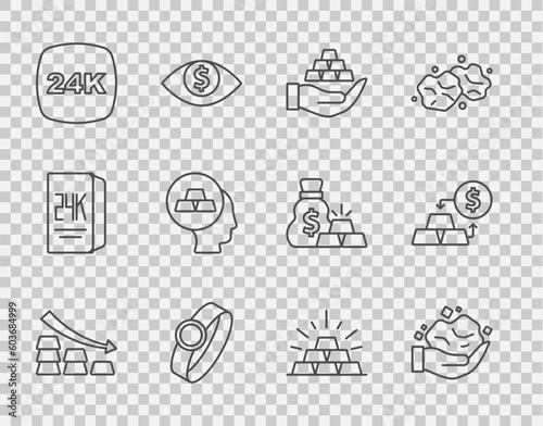 Set line Falling arrow with gold bars, Gold nugget, hand, ring, 24k, and exchange money icon. Vector