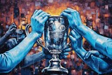 hands of players on cup Manchester city winnning champions league illustration generative ai