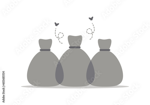 Pile black garbage bag and fly swarm icon flat vector design
