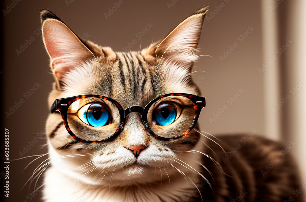 Cat in glasses. Cute smart pussycat in eyeglasses. Generative AI.