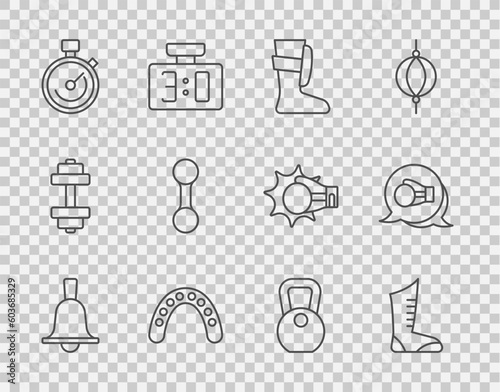 Set line Boxing bell, Sport boxing shoes, Mouth guard boxer, Stopwatch, Dumbbell, Weight and glove icon. Vector