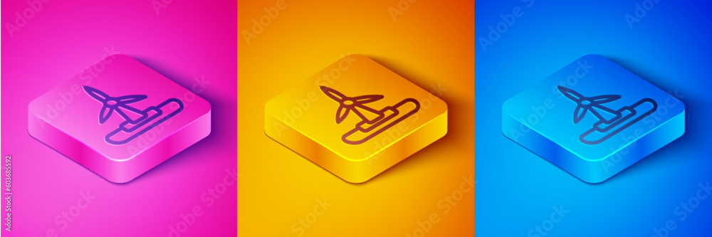 Isometric line Wind turbine icon isolated on pink and orange, blue background. Wind generator sign. Windmill for electric power production. Square button. Vector Isometric line Wind turbine icon isolated on pink and orange, blue background. Wind generator sign. Windmill for electric power production. Square button. Vector