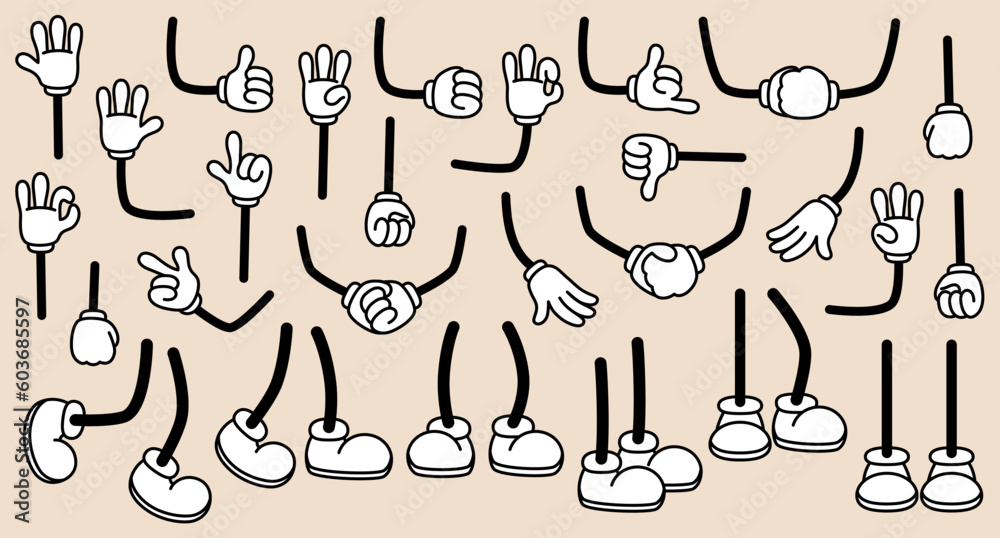 Retro cartoon feet in shoe and hands in gloves. Vintage comic legs poses and hands gestures. Different foot movements and positions. Animation mascot body parts. Vector illustration