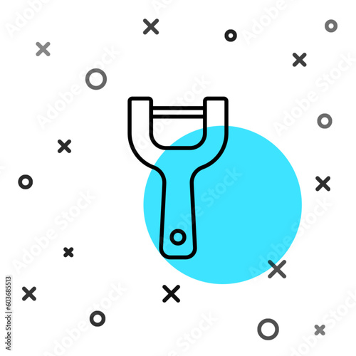 Black line Vegetable peeler icon isolated on white background. Knife for cleaning of vegetables. Kitchen item, appliance. Random dynamic shapes. Vector