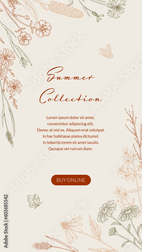 Summer vertical design with wildflowers. Hand drawn vector illustration in sketch style. Social media stories template. Meadow flowers poster. Wedding invitation