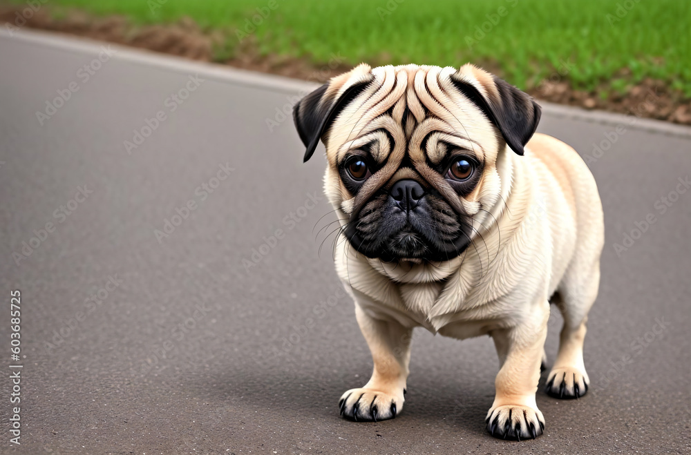 Obraz premium Pug dog standing on the road in the park and looking into the camera. Generative AI.