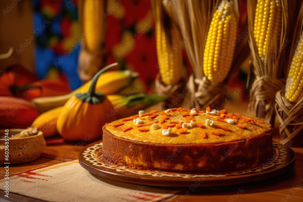 Naklejka premium Corn or cornmeal cake, traditional homemade June feast in Brazil, rustic background. Generative AI