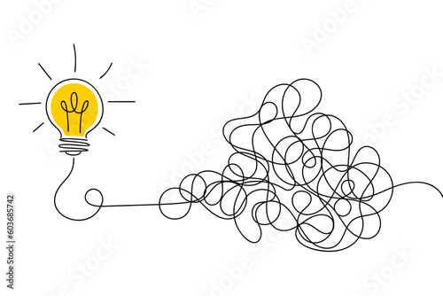 Lightbulb with tangled lines. Problem solving and brainstorming Idea concept. Vector illustration