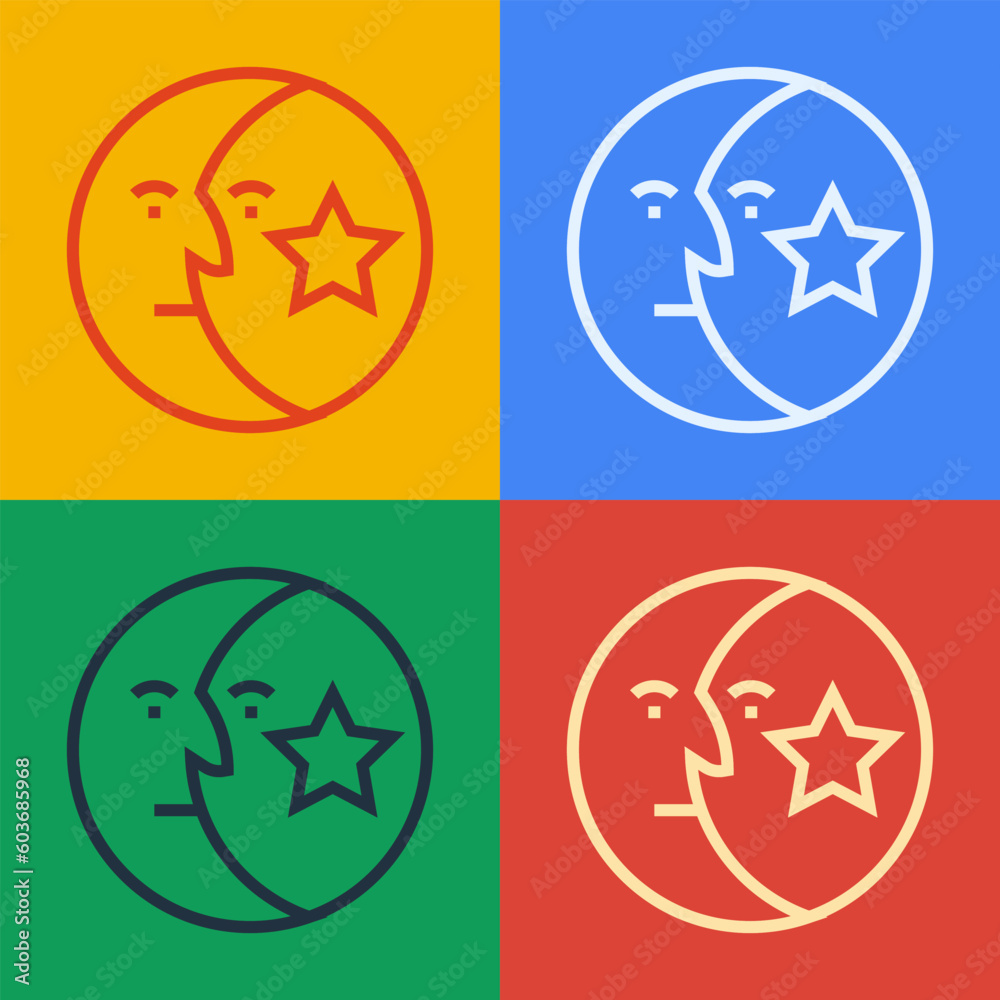 Pop art line Moon and stars icon isolated on color background. Vector