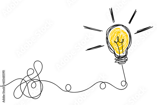 Lightbulb with tangled lines. Problem solving and brainstorming Idea concept. Vector illustration