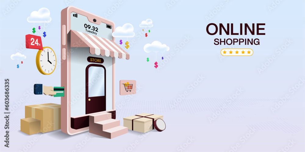 Shopping Online on Mobile Application or Website. Digital marketing. Horizontal view. Shopping Online on Mobile Application or Website. Digital marketing. Horizontal view.