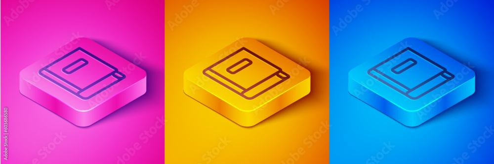 Isometric line Science book icon isolated on pink and orange, blue background. Square button. Vector Isometric line Science book icon isolated on pink and orange, blue background. Square button. Vector