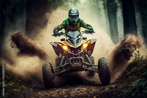 Extreme Quad Cross MX Rider on Dirt Track with Forest Background. AI photo