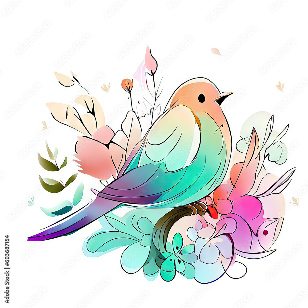 Obraz premium Delicate Watercolor Bird Amongst a Garden of Colorful Flowers, Generative AI