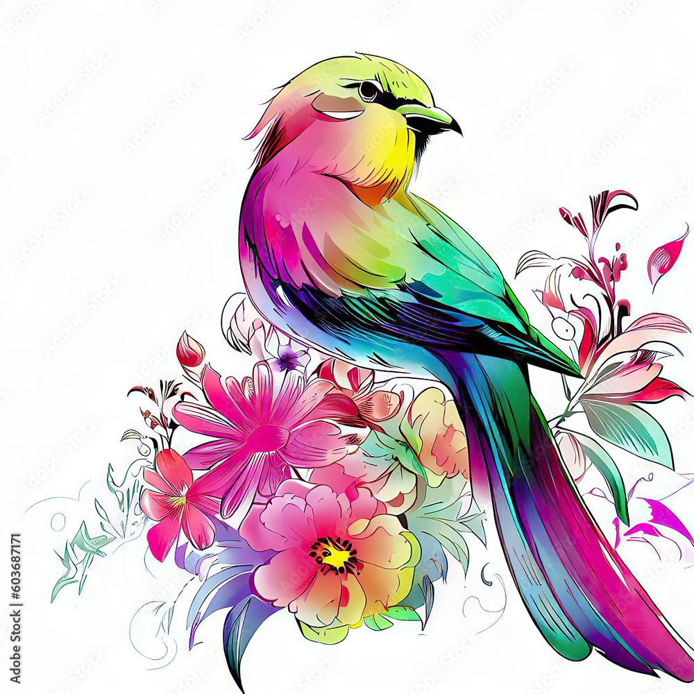 Captivating Watercolor Bird Composition with Vibrant Floral Accents, Generative AI