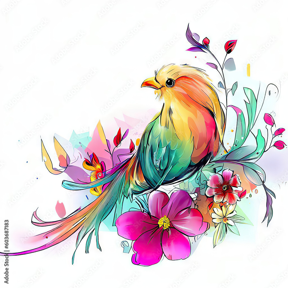 Fototapeta premium Whimsical Bird Illustration in Watercolor and Vibrant Hues, Generative AI