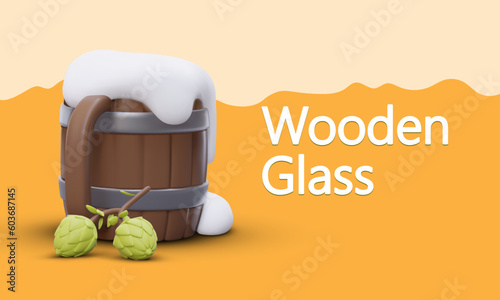 Banner template for advertising beer mugs. Background imitating texture of beer. Wavy lines, warm colors. Illustration with 3D elements. Foamy beer in mug with handle