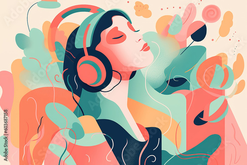 Music therapy abstract concept. Woman in headphones listening to sounds in nature, music and psychology flat illustration. Generative AI