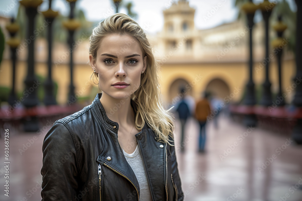 Blonde Beauty Roaming the Streets of Sevilla in Leather Jacket Elegance, ai generative Blonde Beauty Roaming the Streets of Sevilla in Leather Jacket Elegance, ai generative