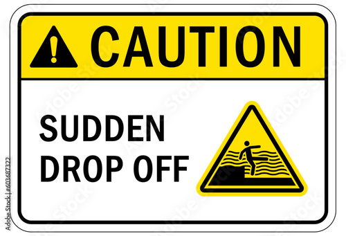 Beach safety warning sign and labels sudden drop off