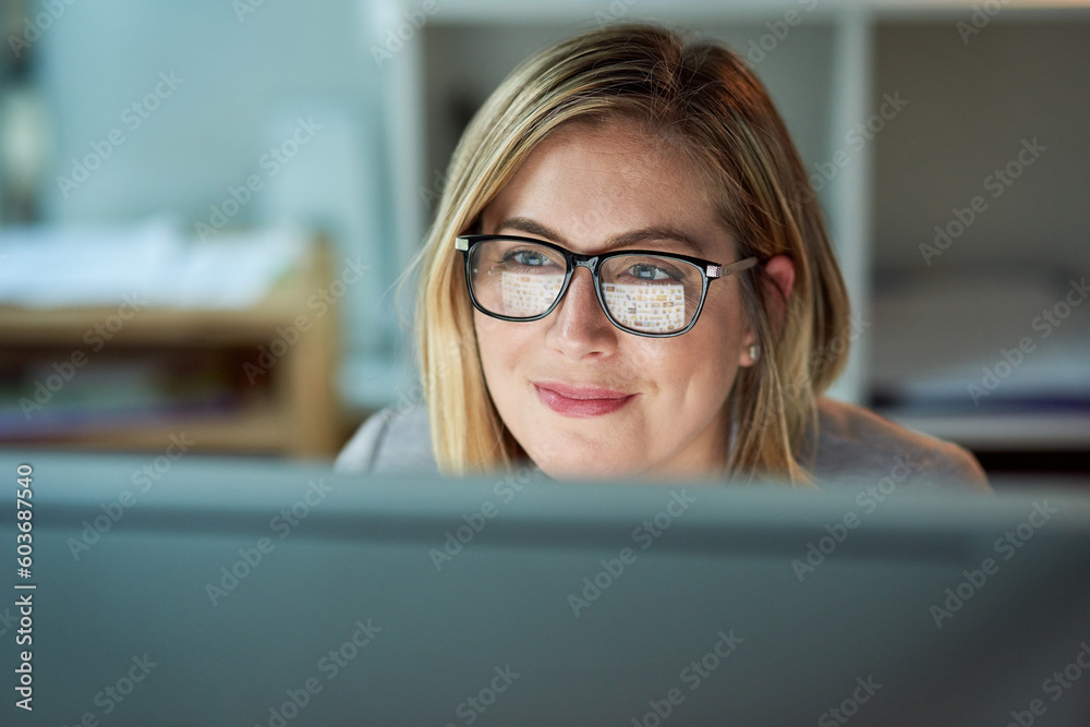 Glasses, working and business woman on a computer or reading for a project deadline or editor and in an office. Research, email and content plan or revision or review and writing online publication Glasses, working and business woman on a computer or reading for a project deadline or editor and in an office. Research, email and content plan or revision or review and writing online publication