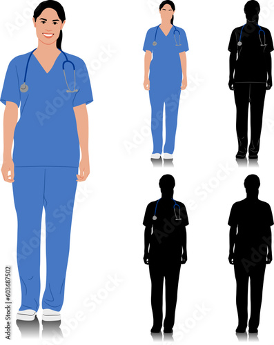 Hand-drawn female healthcare worker. Happy smiling female doctor with a stethoscope. Nurse in blue uniform. Vector flat style illustration set isolated on white. Full length view	