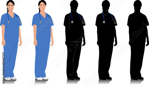 Hand-drawn female healthcare worker. Happy smiling female doctor with a stethoscope. Nurse in blue uniform. Vector flat style illustration set isolated on white. Full length view	