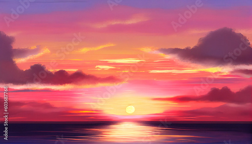 A serene illustration capturing the beauty of a sunset over a lake, featuring a mesmerizing display of vibrant shades of orange, pink, and purple in the sky, generative ai © Dr_Microbe