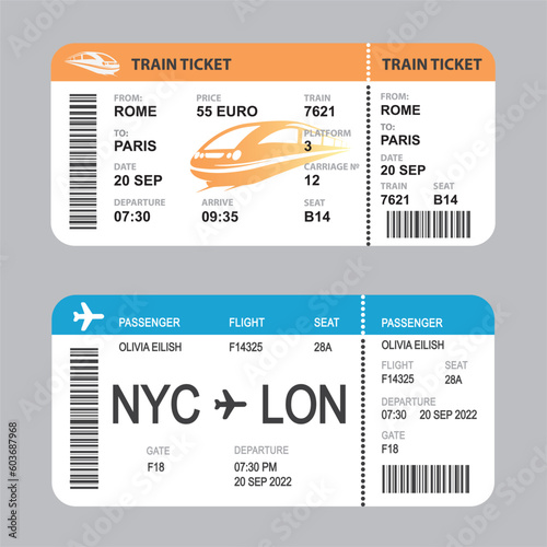 Realistic airline and train ticket design - icon, vector.