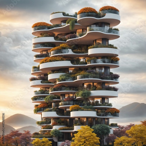 Landscape of a sci-fi futuristic vertical-garden-village residential building in nature  surrounded by lush autumn-colored vegetation  at sunset on a cloudy day  - Generative AI Illustration