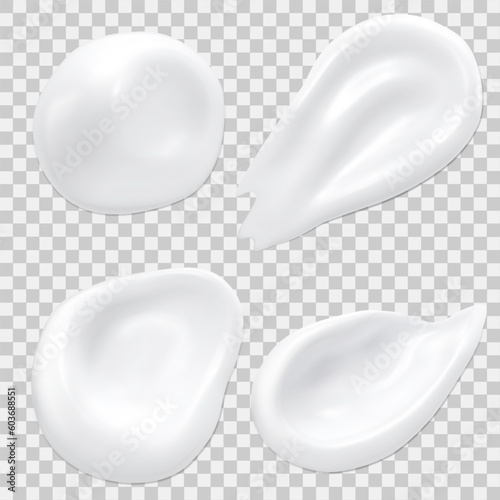 Realistic cosmetic cream smears vector set. White cream drops for skincare product, smear texture illustration.