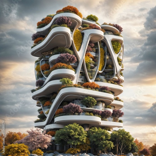 Landscape of a sci-fi futuristic vertical-garden-village residential building in nature, surrounded by lush autumn-colored vegetation, at sunset on a cloudy day - Generative AI Illustration