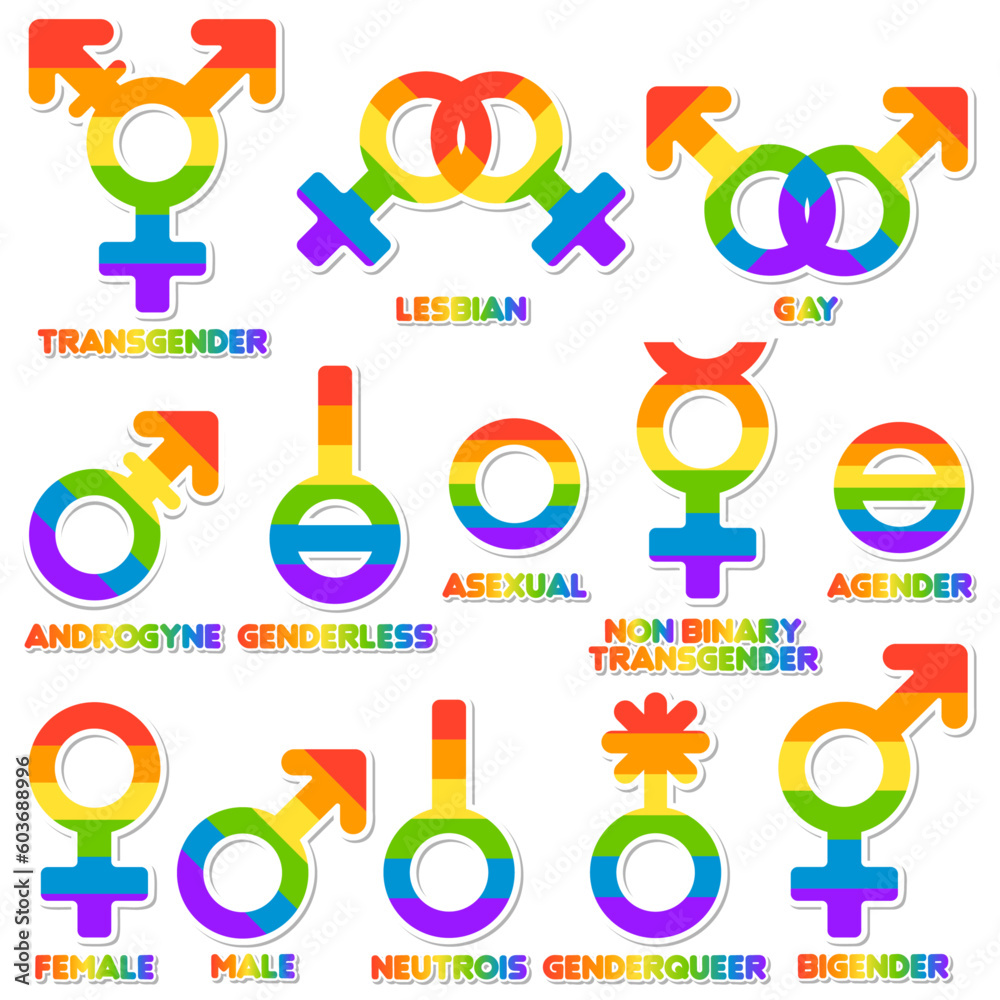 LGBTQ+ symbols collection. Gender symbols. Label set. Stock Vector