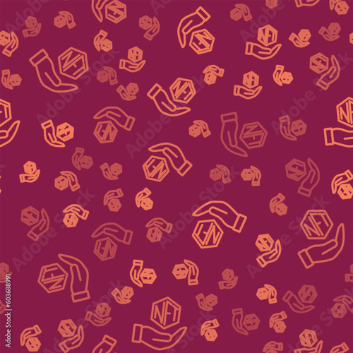 Brown line NFT Digital crypto art icon isolated seamless pattern on red background. Non fungible token. Vector