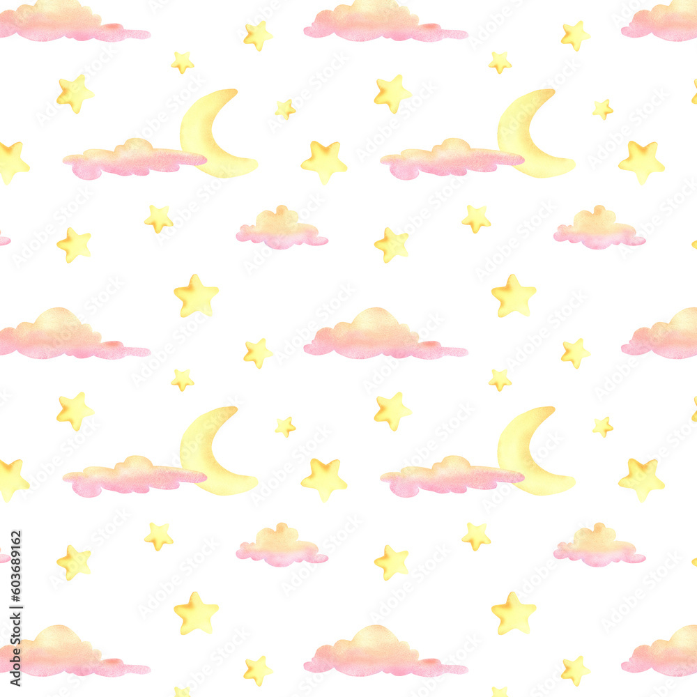 Seamless pattern of the moon, stars and clouds. The night sky. Watercolor illustration on an isolated background. A childhood dream. Wallpaper stickers.