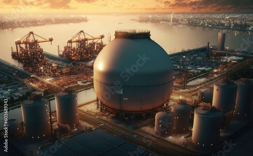 A large gas tank sits in front of a sunset, 	
a large industrial structure with a large structure in the middle of it.