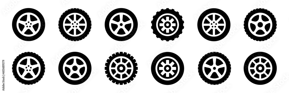 Car wheel icons set. Black wheel tires silhouette collection. Auto wheel disks.