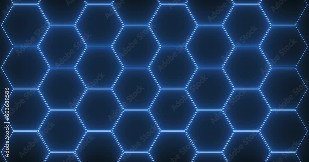 Abstract looping animation. Draw a blue grid of hexagonal cells. Honeycomb. 4k.