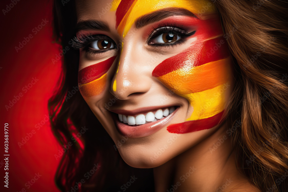 A woman with her face painted like a flag