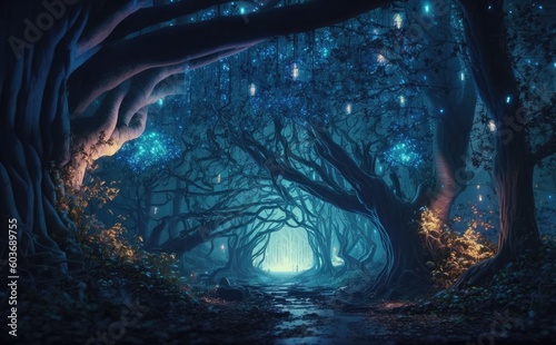 Magical fantasy tree in forest, Tropical and exotic night forest. © aimart