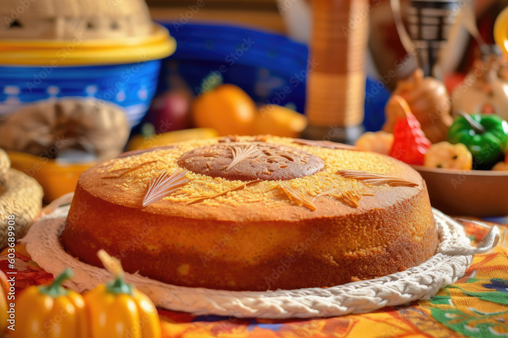 Corn or cornmeal cake, traditional homemade June feast in Brazil, rustic background. Generative AI