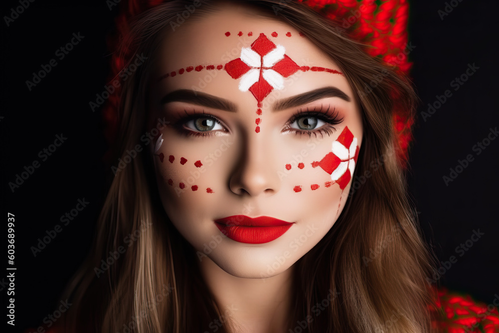 A woman with red and white face paint