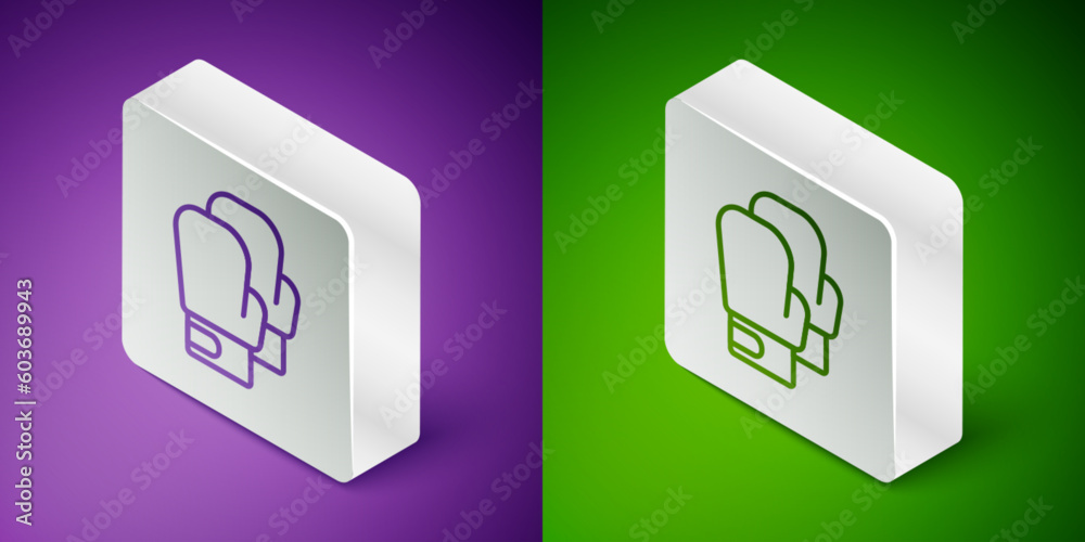 Isometric line Boxing glove icon isolated on purple and green background. Silver square button. Vector Isometric line Boxing glove icon isolated on purple and green background. Silver square button. Vector