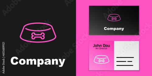 Pink line Pet food bowl for cat or dog icon isolated on black background. Dog or cat paw print. Logo design template element. Vector