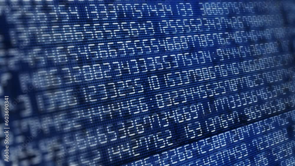 Moving and changing numbers on an electronic digital display with pixels. Blue screen animation with dark background. Computer digital code.
